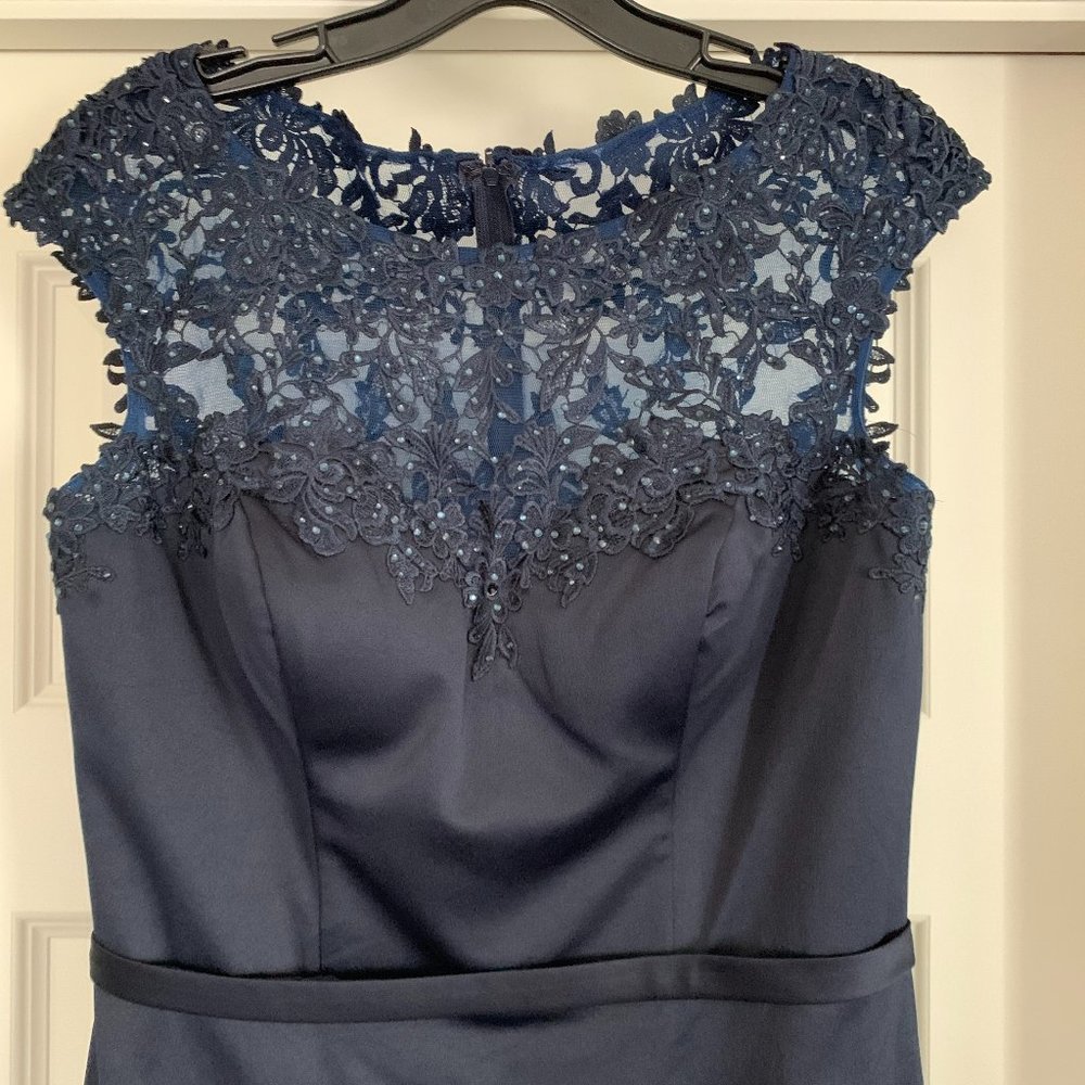 La Femme Navy Satin Lace Beaded Cocktail Midi Dress MOB Size 8